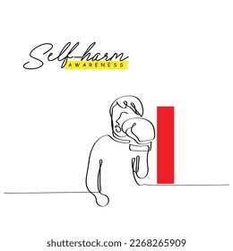 la línea continua de arte de la conciencia de autolesiones día del arte. Cada año se celebra el 1° de marzo un día de conciencia de autolesiones. Concepto de trastornos psicológicos