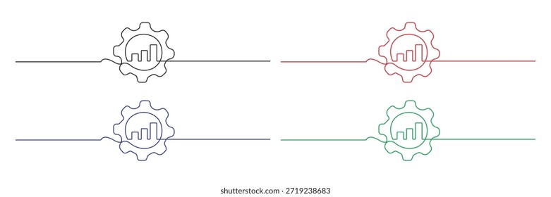 Continuous line art set of four minimalist gear and bar chart icons representing data analytics, business process optimization, and strategic performance management concepts