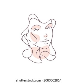 Imagen continua de forma de arte de línea de la cara de mujer elegante afiche con la belleza natural de la moda icono de la ilustración vectorial. Mujer modelo minimalista cabeza pensante soñando relajante aislado. Resumen de avatar de arte femenino