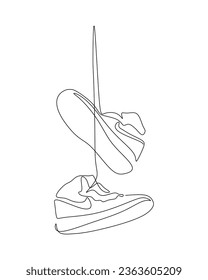 arte de línea continua de zapatos colgantes, concepto de diseño de ropa deportiva, ilustración vectorial para camiseta, diseño de impresión estilo gráfico