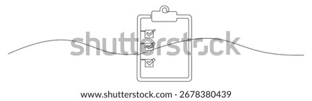 Continuous line art shows a checklist on a clipboard, symbolizing efficiency and progress. Useful for business or personal organization designs.