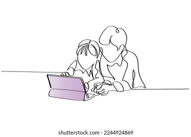 Continuous line art of siblings watching Tablet together. 