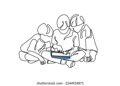 Continuous line art of siblings watching Tablet together. 