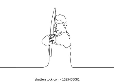 continuous line art silhouette of an archer with bow and bowstring. A man aims at the viewer. The concept of goals, sports. It can be used for animation. Vector