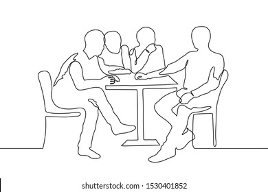 continuous line art silhouette of four men at a small table. three men look at the fourth, who is sitting dominantly across from them. company of friends in a cafe, corporate gatherings, waiting