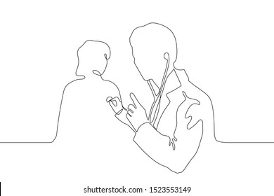 continuous line art silhouette of a male doctor doctor listening through patient's chest to stethoscope. Appointment with a doctor, medical examination. It can be used for animation. Vector