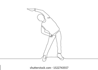 continuous line art silhouette of a man doing exercises. One arm is extended upward, the second arm is at the waist, the body is tilted to the right. Health and vigor. It can be used for animation.