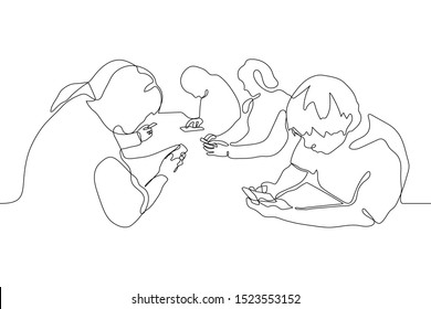 Continuous Line Art Silhouette Of People Sitting At A Table Focused On Their Phones. A Group Of People Each Of Which Looked Down At The Screen Of The Device. No Interaction. Can Be Used For Animation.