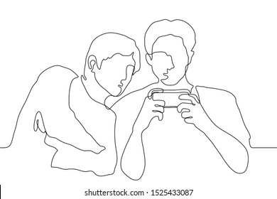 continuous line art silhouette of two young men who are sitting, one of them is holding a smartphone, both are looking at the screen. It can be used for animation. Vector