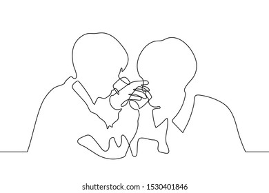 continuous line art silhouette of two men drinking at brotherhood. Friends crossed their arms with drinks. It can be used for animation. Vector.