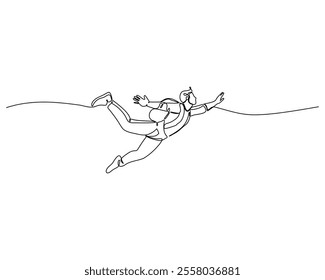 Continuous line art of a skydiver in a horizontal position with extended limbs, wearing a skydiving suit and helmet, capturing the elegance and simplicity of the freefall