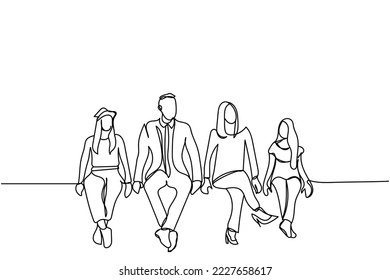 Continuous line art of a small nuclear family sitting together. People in harmony. Love and togetherness concept. Grand parents and parents. Kids safe environment. Emotionally stable family. Daughters