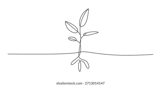 Arte de línea continua de una Pequeña planta de semillero que muestra el crecimiento por encima y por debajo del Vector a nivel del suelo, ilustración