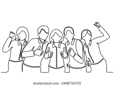 
continuous line art Smiling business people celebrating business success together