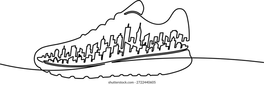 Kontinuierliche Linie Kunst eines Sneakers mit einer Stadt Skyline Silhouette Design