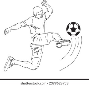 Continuous line art soccer illustration, Vector design of a soccer ball in action, Doodle sketch of a young man playing soccer