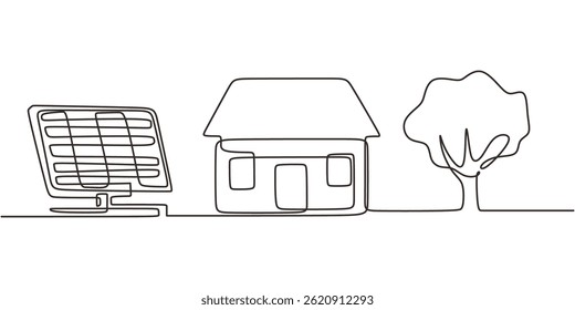 Continuous Line Art Solar Panels House Tree. Renewable Eco Friendly Home Concept Vector.