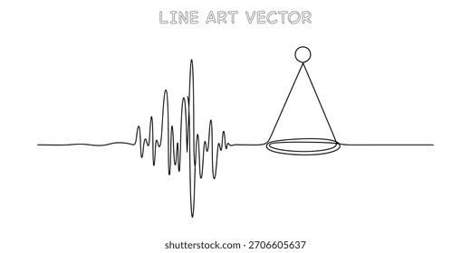 Arte lineal continuo de una onda de sonido transformándose en una forma de cono que representa la dinámica del audio