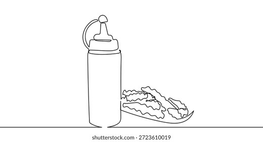 Kontinuierliche Linie Kunst der Squeeze Sauce Flaschen und Pommes frites. Linienkunst auf transparentem Hintergrund