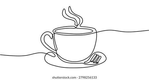 Continuous line art of steaming coffee cup with cinnamon sticks