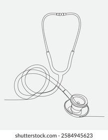 Continuous line art of a stethoscope, symbolizing healthcare, medical diagnosis, and patient care. A modern minimalist illustration for medical and health-related themes.