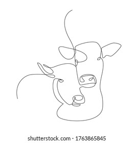 Continuous Line art style, Drawing of two cow in a farm