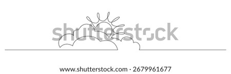 Continuous line art of the sun peeking from behind clouds above the horizon. Suitable for weather forecasts, minimalistic designs, and conceptual artwork.