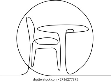 Continuous line art of a table and chair.