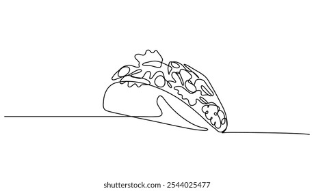 Continuous line art Taco full topped beef and vegentable for vector illustration. Concept fast food, food, restaurant, food business