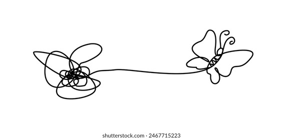 Continuous line art of a tangled rope and a butterfly in mental health concept.