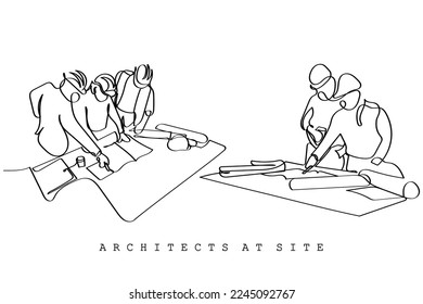 Continuous line art of team of Architects discussing Blue prints plans and their implementation. Architecture concept art. Building the excellence. Designing is fun