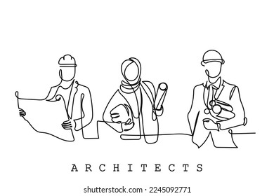 Continuous line art of team of Architects discussing Blue prints plans and their implementation. Architecture concept art. Building the excellence. Designing is fun