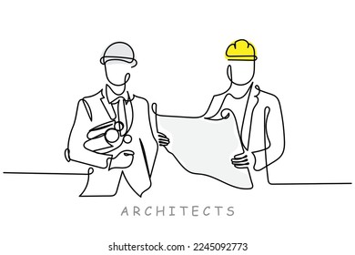 Continuous line art of team of Architects discussing Blue prints plans and their implementation. Architecture concept art. Building the excellence. Designing is fun