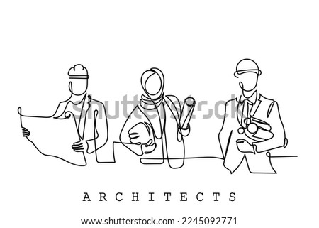 Continuous line art of team of Architects discussing Blue prints plans and their implementation. Architecture concept art. Building the excellence. Designing is fun