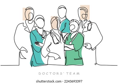 Continuous line art of team of doctors. Born to save lives. Noblest of the professions. Medicine. Medical staff. Service to humanity through health care job. Isolated vector art. Doctors concept. 