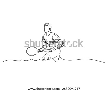 Continuous line art of tennis player in focused ready position. Abstract style emphasizes posture, motion, and athletic anticipation. Ideal for sports, fitness, or minimalist design themes.