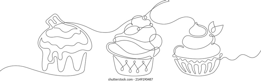 Kontinuierliche Line Art. Drei Cupcakes