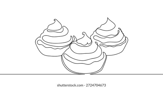 Continuous line art of three cupcakes, bakery dessert. line art on transparent background