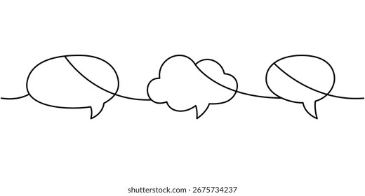 Arte lineal continuo con tres burbujas de discurso. Comunicación y diálogo de esquema abstracto mínimo