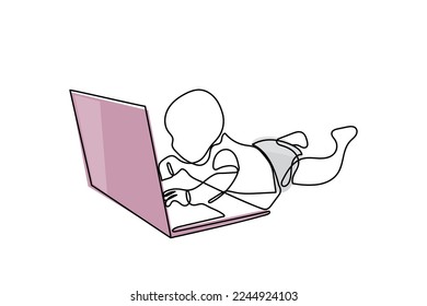 Continuous line art of a toddler watching screen. Exposure to laptops and tablets in early age. Recommendations and limitations vector art concept.