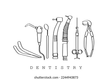 Continuous line art of toolkit of dentists. Isolated minimal vector art. Dentists day. Dentistry. Orthodontics. Orthodontists equipment set.