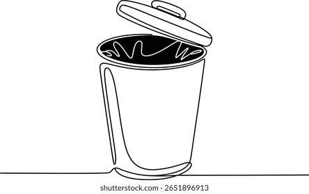 Linha contínua arte da lata de lixo com forro de lixo visível, desenho de uma linha de Open Bin pronto para o descarte de resíduos