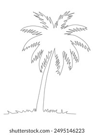 continuous line art of of a tropical palm tree on a white background.
