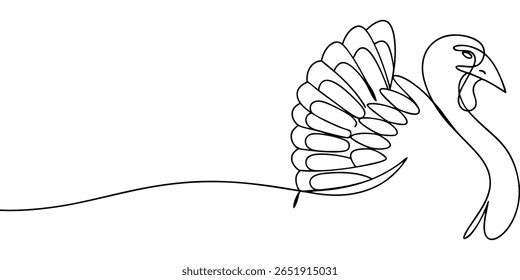 Continuous line art a turkey with fanned tail feathers on a bird animal