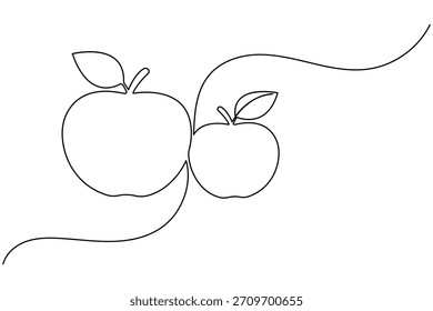 Kontinuierliche Linie Kunst von zwei Äpfeln mit Blättern, frische Frucht Design Illustration