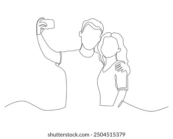  Continuous line art of Two friends taking pictures.