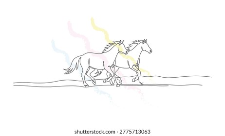 Continuous line art of two galloping horses on abstract watercolor background representing wild nature and animal freedom concept.