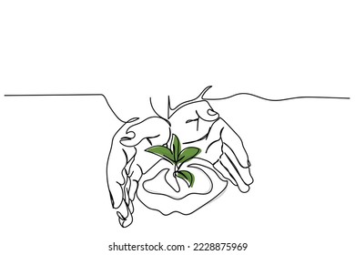 Continuous line art of two hands circling around a new plant. Fragile nature and its protection concept. Climate change management. Agriculture and plantation art. Forestation. Mental health care.