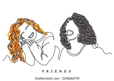 Continuous line art of two happy and beautiful women cherishing mutual harmony and bond of friendship. Human solidarity. Respect and tolerance for each other. Peaceful society concept art. Womens day.