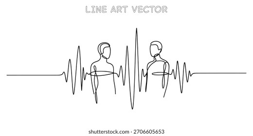 Arte em linha contínua de dois perfis humanos conectados por uma onda sonora representando diálogo e conexão